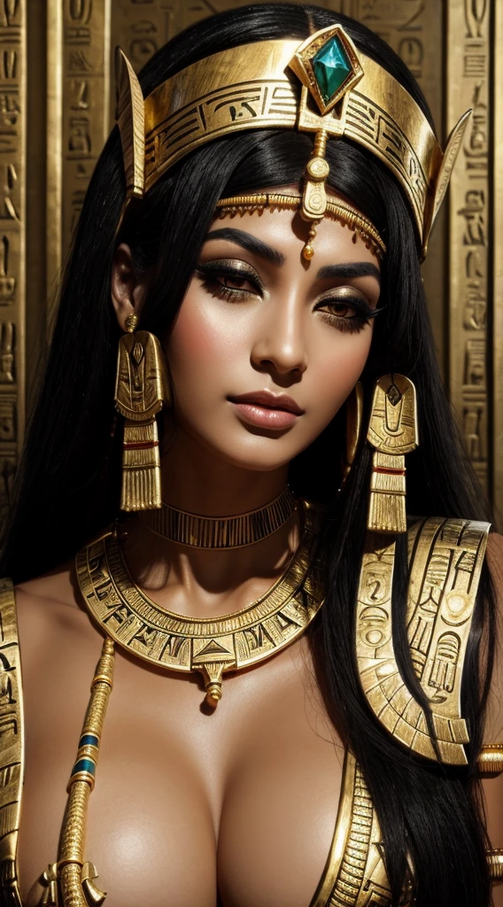 a woman with a black hair and gold jewelry on her head, egyptian art by Hedi Xandt, trending on Artstation, hurufiyya, egyptian makeup, egypt makeup, beautiful cleopatra, egyptian, egyptian princess, cleopatra portrait, cleopatra, wearing an egyptian crown, egyptian style, arab inspired, queen of snakes, wears a egyptian ankh necklace