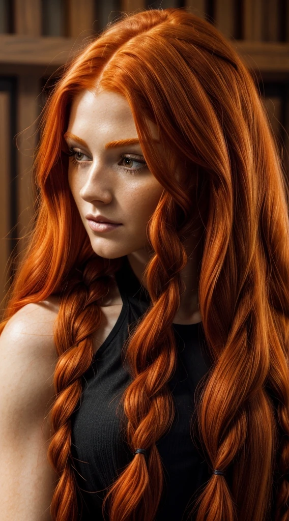 a close up of a woman with long red hair and a black top, long braided orange red hair, complex redhead braided hair, katherine mcnamara inspired, red braided hair, she has long redorange hair, flowing ginger hair, orange braided hair, red intricate long braids, long ginger hair, ginger wavy hair, long loose red hair, she has long orange brown hair