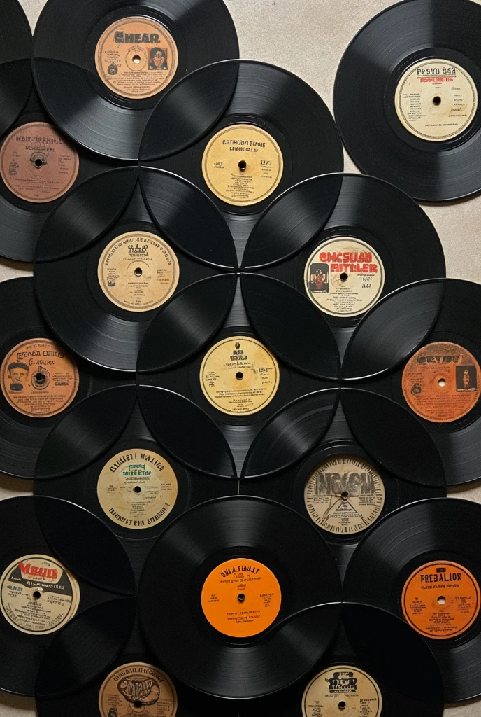 Old records lined up at equal intervals from directly above