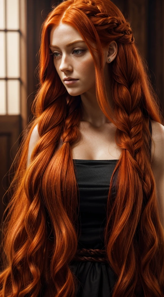 a close up of a woman with long red hair and a black top, a digital rendering by Galen Dara, tumblr, renaissance, long braided orange red hair, complex redhead braided hair, katherine mcnamara inspired, red braided hair, she has long redorange hair, flowing ginger hair, orange braided hair, red intricate long braids, long ginger hair, ginger wavy hair