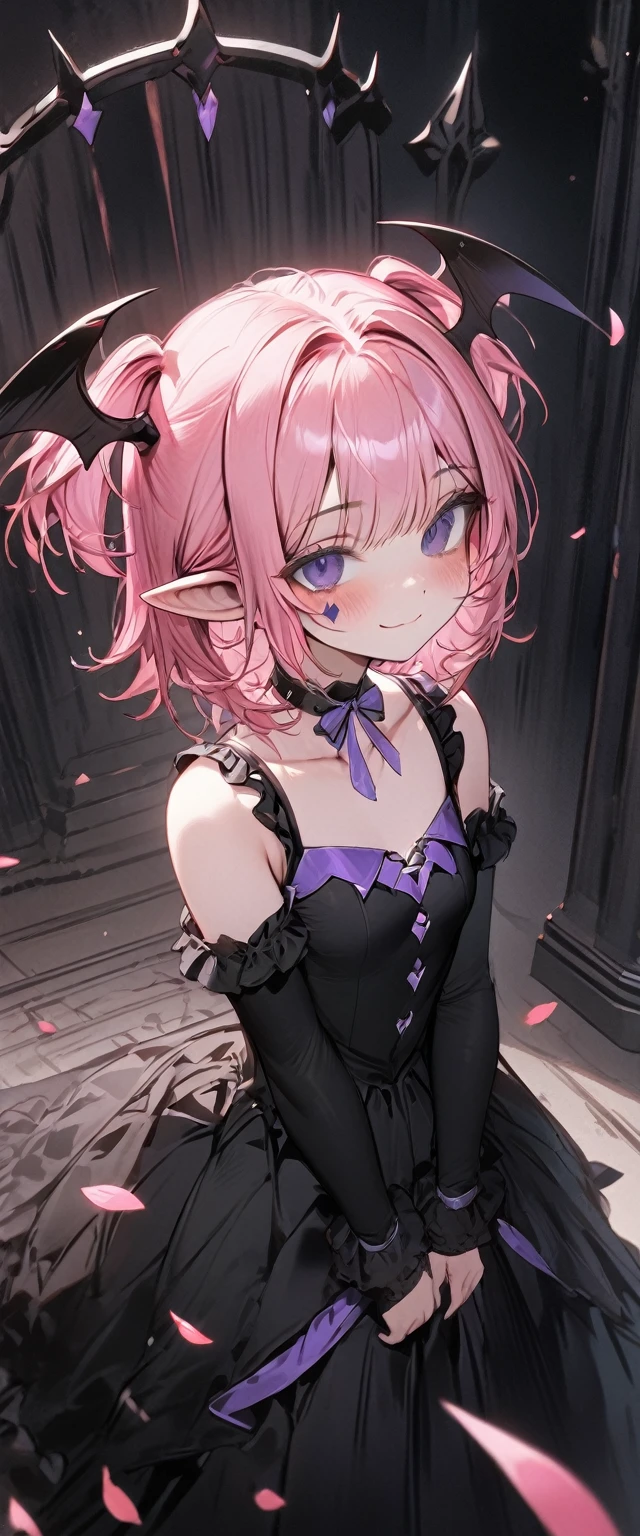 UHD, masterpiece, best quality, extremely detailed, anatomically correct, sharp focus, Midnight, gloomy atmosphere, Church, altar isle, 1girl, solo, camilavtuber, pink hair, short hair, shoulder length hair, (black head wings:1.1), (twin ponytail), PURPLE EYES, PURPLEIRIS, (facial mark), small mouth, closed mouth, smiling, crucifix choker, black arm sleeves, slim arms, black gloves, small chest, 1 devil wing, single wing, ((long black gown)), frilly gown, slim legs, black stockings, (black high heels), (full body) , (close-up), innocent pose, eye-level shot, front view, innocent pose, scattered pink petals