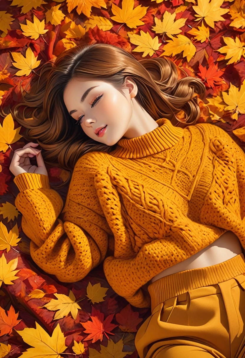 The image shows a person wearing a mustard yellow knitted sweater lying on a bed of autumn leaves. The leaves in the background are a mix of orange, red and yellow tones, suggesting the fall season.