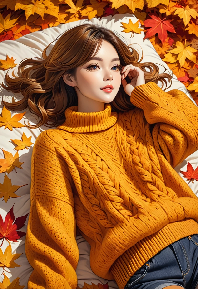 The image shows a person wearing a mustard yellow knitted sweater lying on a bed of autumn leaves. The leaves in the background are a mix of orange, red and yellow tones, suggesting the fall season.