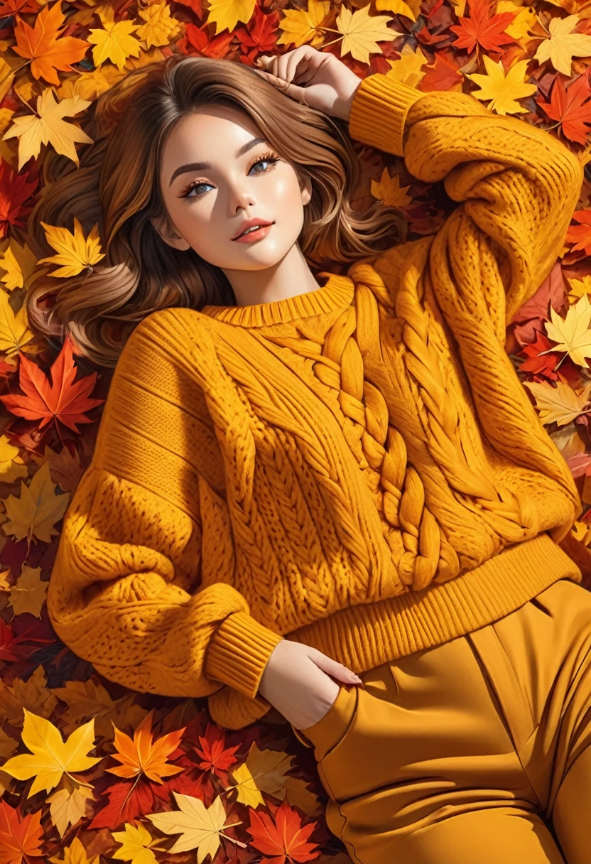 The image shows a person wearing a mustard yellow knitted sweater lying on a bed of autumn leaves. The leaves in the background are a mix of orange, red and yellow tones, suggesting the fall season.