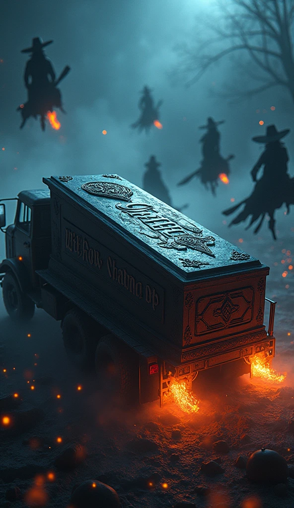 There is a title "Grave Walker" written on coffin. There is night background and the magical coffin is placed in the truck. Tires of the truck is on fire. Witchers are flying on their brooms in the sky. A 3D, Aesthetic, fantasy poster.