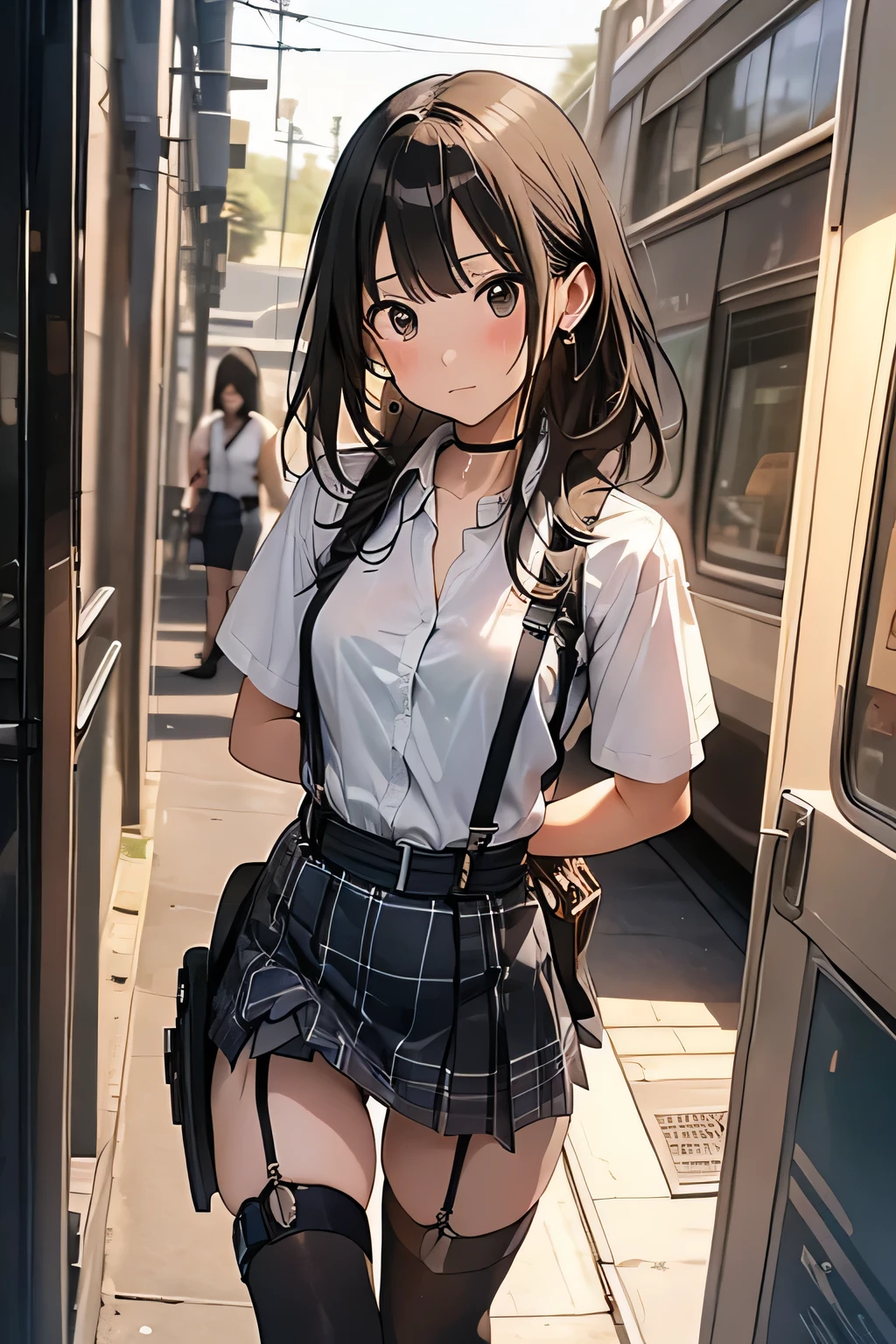 1 female, , high quality, masterpiece, Ultra-high resolution, Cinema Lighting, 1 female, , high quality, masterpiece, Ultra-high resolution, , Cinema Lighting, suspenders　　　Moderate breasts　 　 　　　　　 　　　　Small face　 　　　　　　　　　　　Looking up　　　　Sweat 　　　Thin belt　buzzer　脇Sweat 　　　　 　garter belt　　Belt on pants　　holster　 　　Hands behind your back　 　Looking up　Anxious face　Knee-high　Knee socks　Knee-highソックス 　garter　ふとももにgarter belt　Checkered mini skirt　 　　Panty shot　Skirt gap Armament　　　holster　holster 　　Hands behind your back　 Anxious expression　　Anxious face, legs apart　Armament　　Leg Holster　holster　See-through clothing　heavy rain　Rain-soaked dress shirt,Moderate breasts　ガーターbelt　suspenders　Garter on the thigh　Checkered mini skirt　Looking up　Pause　belt　Armpit sweat　Hands behind back　Raise your hands