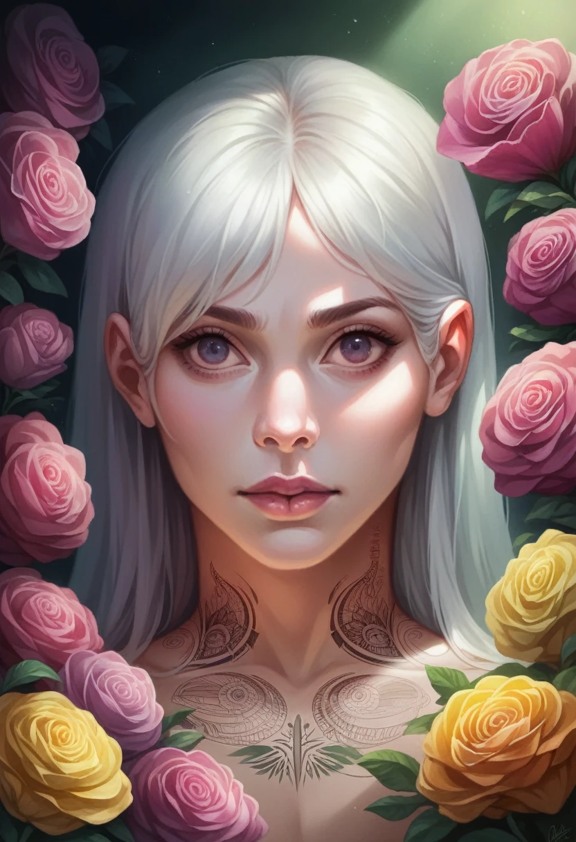 1girl, solo, white_hair, detailed tattoos, grotto, verdant environment, colorful flowers, beautiful girl, idyllic, sublime, absurdres, hyper-realism, highly detailed and textured, maximum detail, dslr, portrait, cinematic lighting, dramatic shadows, vibrant colors, photorealistic