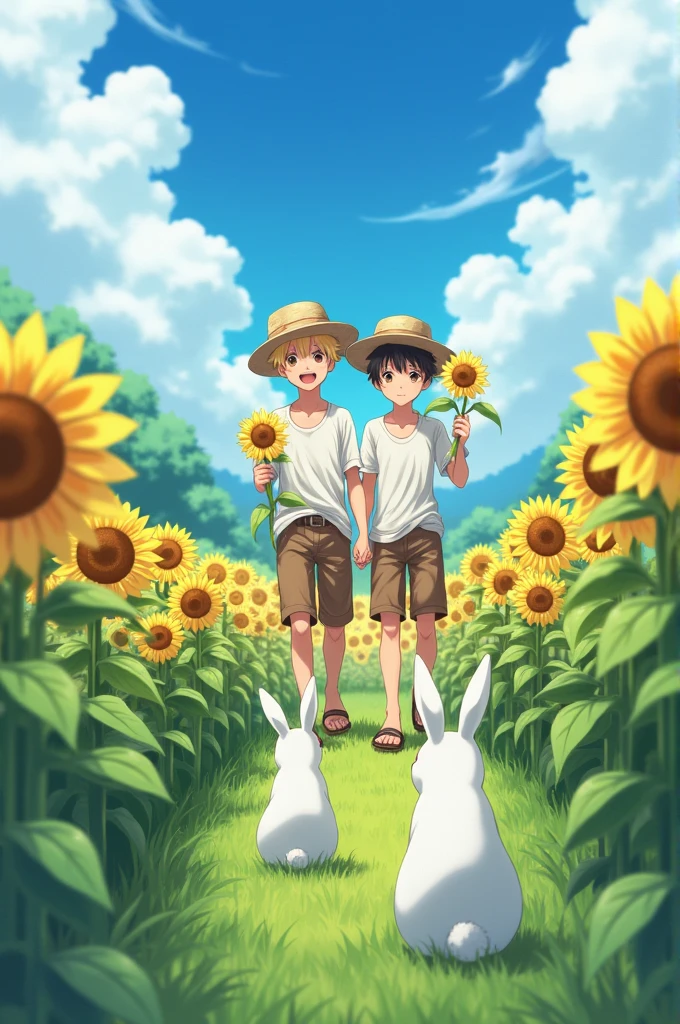 This image has to be in anime. A very beautiful field of sunflowers. Two boys of the same age are coming out of there, smiling. They are wearing straw hats, a long white shirt, short brown shorts, and flip-flops. They are holding a sunflower and they are holding hands. It is a beautiful day with clouds in the sky and the grass is very green. One of the boys is tanned. There are two white rabbits next to them and they are looking straight ahead. One of the boys is blond and the other has black hair.