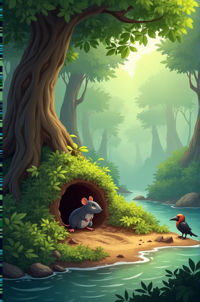 On the ground near the riverbank, a diligent mouse named Chiku is seen digging and building his home inside a small burrow. He looks focused and determined as he works hard. The jungle setting is serene, with the towering Peepal tree nearby, and Haran, the crow, watches from above with a keen eye."