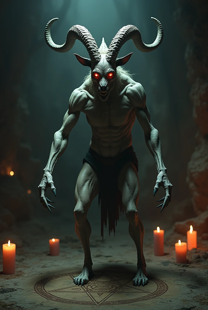 a demonic creature with a goat head, horns, wings, hooves, the upper body of a human and the lower body of a goat, in a dark, occult setting, pentagram, ritual, candles, glowing red eyes, detailed, intricate, dark fantasy, dramatic lighting, dramatic shadows, cinematic, gothic, dark, moody, atmospheric, (best quality,4k,8k,highres,masterpiece:1.2),ultra-detailed,(realistic,photorealistic,photo-realistic:1.37)
