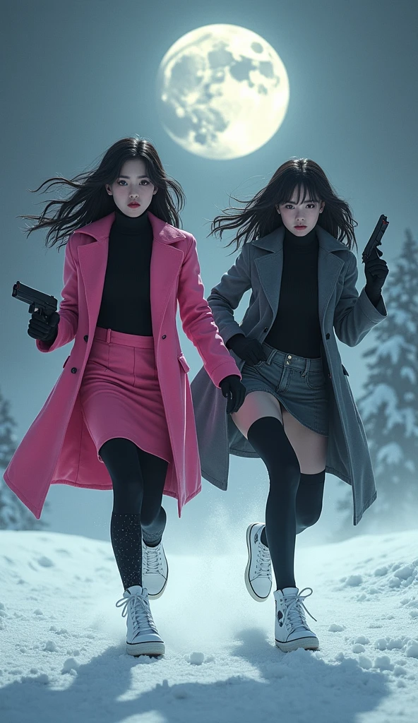 Two girls, long black hairs, yuri, Vampire Hunters

The first girl wear a pink long coat, black shirt, pink pencil skirt, black underpants, black tights, black gloves, black socks, white sneakers high top.

The second girl wore a grey long coat, black shirt, grey pencil skirt, black underpants, black tights, black gloves, black socks, white sneakers high top.

holding a handguns, running on the snow foggy, snowing, dark grey night sky, moon, cartoon novel, 4K, HD