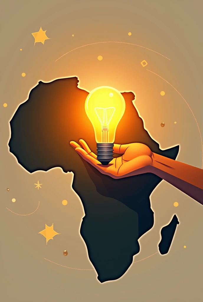 Une illustration de la carte de l'Afrique entourée d'un cercle avec une main tenant une ampoule avec de la lumière et des éclats en petit points
La main ne doit pas déborder de la carte et non du cercle