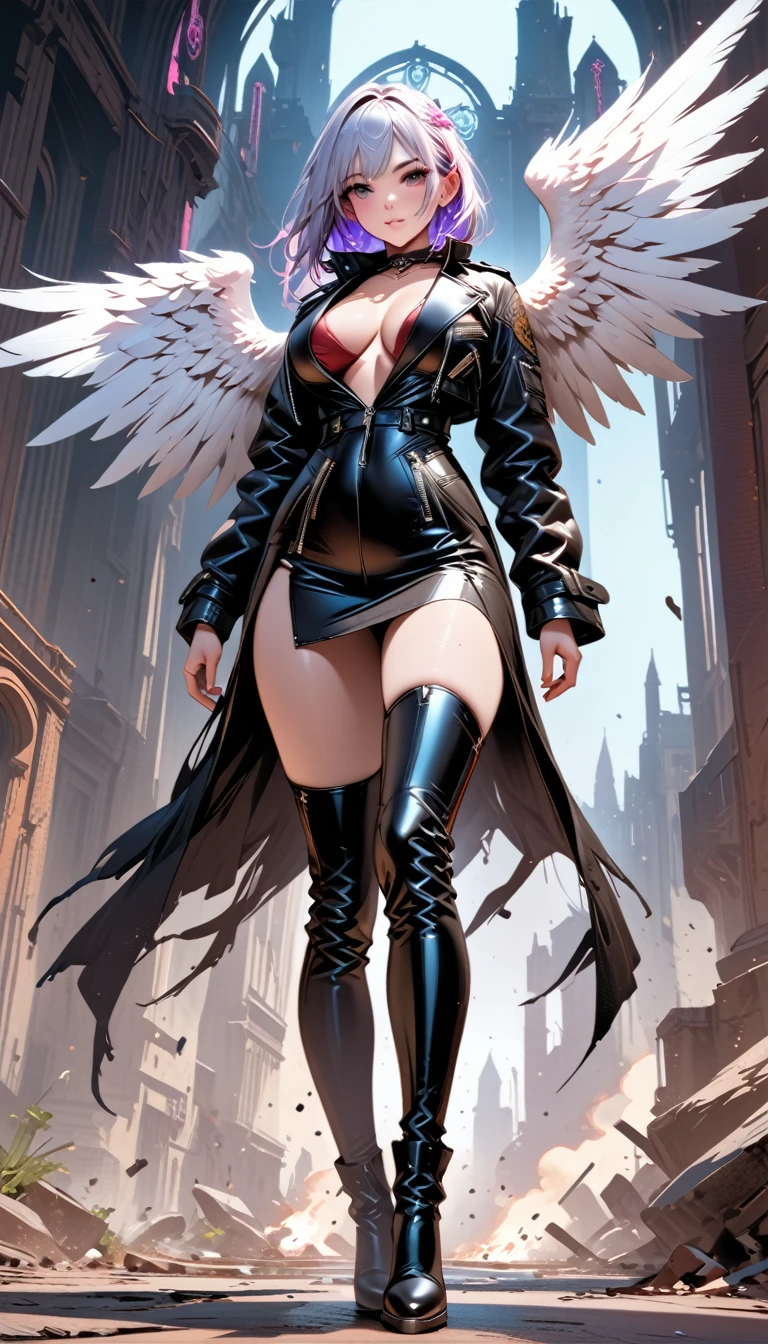 a picture of an mecha angel wearing black leather jacket, ((full body: 1.5)), exotic beautiful angel ((anatomically correct: 1.5), (ultra detailed face: 1.2), best detailed face, busty, folded wings, white angel wings, (white mecha armor: 1.3), she is wearing ((black leather jacket: 1.5)), intricate leather jacket, loose leather jacket, glam leather jacket, jacket has metallic studs, wearing silk dress, (dynamic color dress)), wearing thigh high heeled boots, cyberpunk church background, , vibrant, Hyperrealism style, vibrant, Ultra-high resolution, High Contrast, (masterpiece:1.5), highest quality, Best aesthetics), best details, best quality, highres, ultra wide angle, 16k, [ultra detailed], masterpiece, best quality, (extremely detailed) RAW, feathered wings, rpg portrait