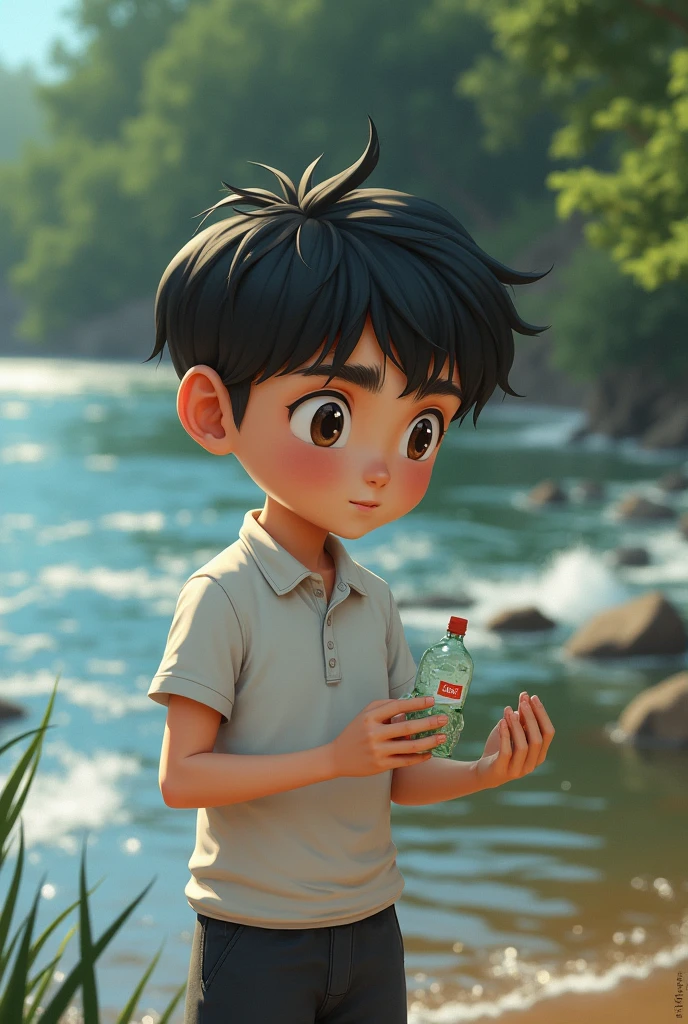 Nico, 10 years old ( Brown eyes, black hair and white skin, He is dressed in a white polo shirt and black shorts ) He picks up the bottle from the river and holds it in his hand, thinking about what to do.