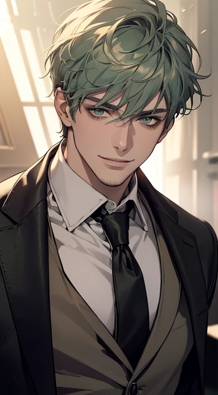 ((a mature man, very handsome, smile in love, short grey green hair, green eyes, perfect face without errors)), ((buttoning the jacket, CEO)), (best quality, masterpiece, 8K, photorealistic, cinematic lighting, hdr image, ultra detailed, beautiful image), (portrait, detailed facial features, intricate textures, realistic skin tones, highly detailed, ultra-realistic), (warm lighting, soft shadows, dramatic lighting), (muted color palette, rich tones), (professional photography, high resolution, studio lighting)
