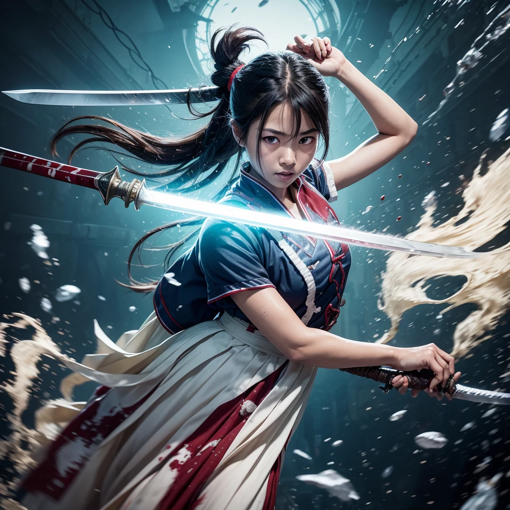 A Japanese high school French braid girl wearing her bloodstained uniform, carrying a sword, Wielding a sword , water flows in tandem with the sword , creating a dynamic visual effect , huge Wavy water Inside the dilapidated, cluttered, and bloodstained classroom