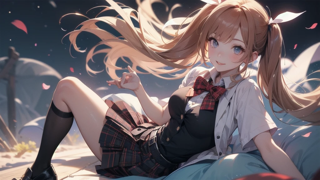 absurdres, absolutely resolution, incredibly absurdres, high res, high sharpness, ultra detailed, official art, unity 8k wallpaper, clear shadows
BREAK
1 girl, soro, twintails, bow, cardigan vest, short sleeve shirt, plaid skirt, over black legwear, loafers, smile, Sexual girl, Dressy styles that are glamorous and pretty, with an emphasis on cuteness, pop designs