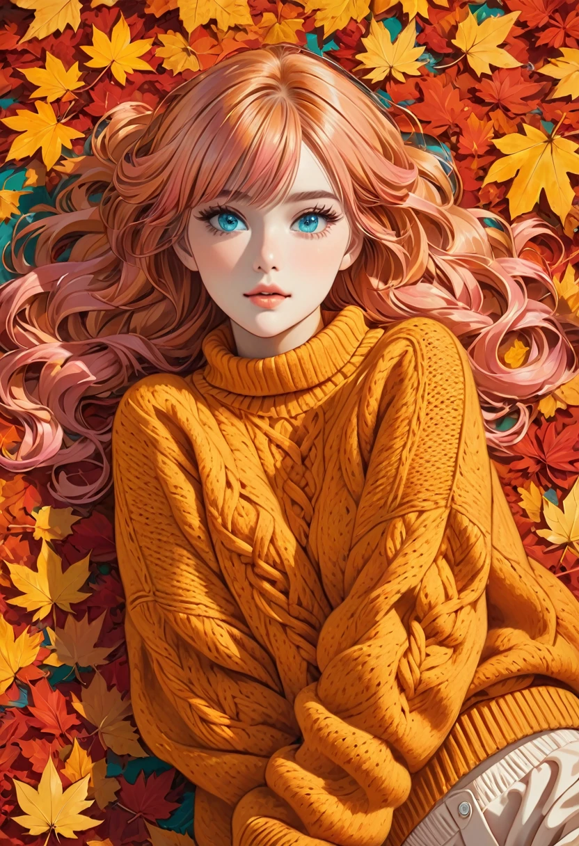 The image shows a person wearing a mustard red knitted sweater lying on a bed of autumn leaves. The leaves in the background are a mix of orange, red and yellow tones, suggesting the fall season.pink_hair,aqua_eyes