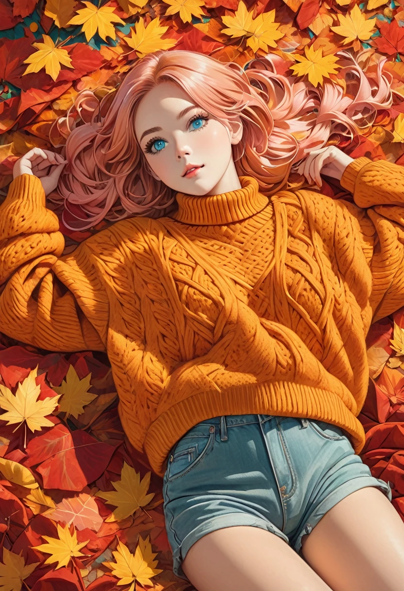 The image shows a person wearing a mustard red knitted sweater lying on a bed of autumn leaves. The leaves in the background are a mix of orange, red and yellow tones, suggesting the fall season.pink_hair,aqua_eyes
