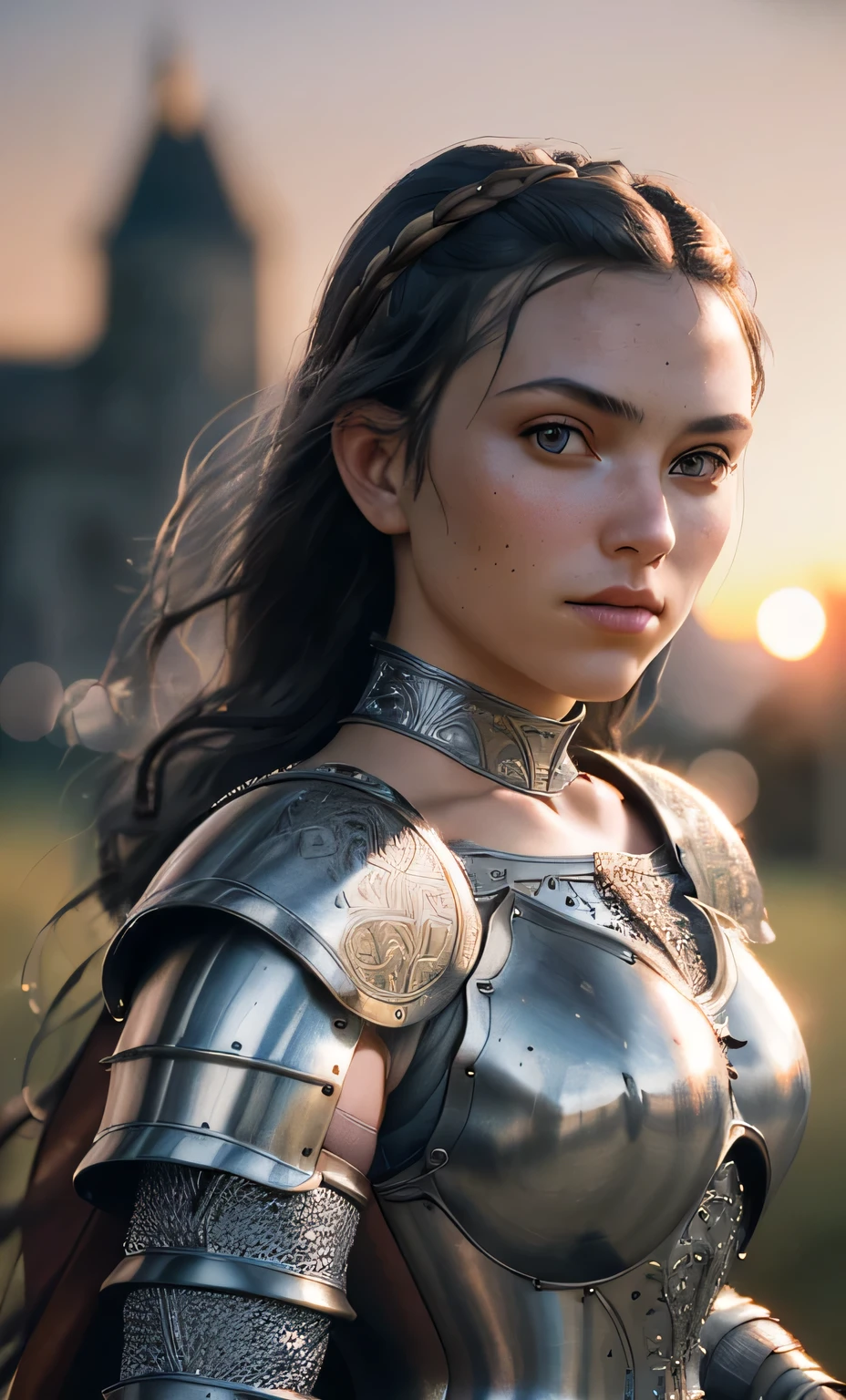 (masterpiece), (extremely intricate:1.3), (realistic), portrait of a girl, the most beautiful in the world, (medieval armor), metal reflections, upper body, outdoors, intense sunlight, far away castle, professional photograph of a stunning woman detailed, sharp focus, dramatic, award winning, cinematic lighting, octane render  unreal engine,  volumetrics dtx, (film grain, blurry background, blurry foreground, bokeh, depth of field, sunset, motion blur:1.3), chainmail