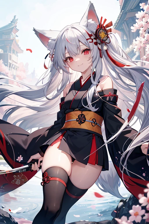 Long Hair, Red eyes, Fox Ears, Attention to detail, Silver Hair, Both sides up, Animal ears , happiness/joy, anime, Spread your legs　Swaying in the Wind　Fox Tail　Red and black kimono　Twin Side Up　smile　Too much exposure　Japanese sword　