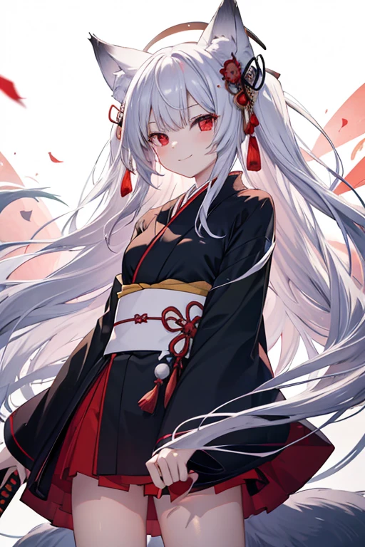 Long Hair, Red eyes, Fox Ears, Attention to detail, Silver Hair, Both sides up, Animal ears , happiness/joy, anime, Spread your legs Swaying in the Wind Fox Tail Red and black kimono Twin Side Up smile Too much exposure Japanese sword
