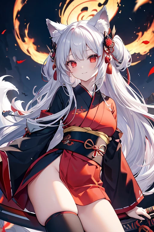 Long Hair, Red eyes, Fox Ears, Attention to detail, Silver Hair, Both sides up, Animal ears , happiness/joy, anime, Spread your legs　Swaying in the Wind　Fox Tail　Red and black kimono　Twin Side Up　smile　Too much exposure　Japanese sword　