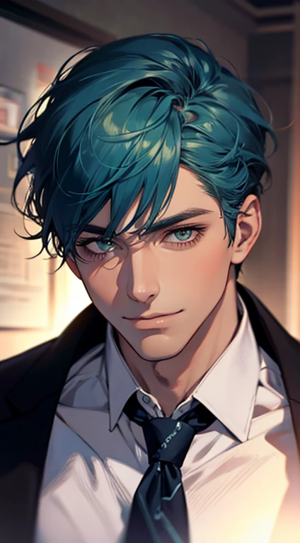 (Highest quality,4K,8K,High resolution,masterpiece:1.2),Super detailed,(Realistic,photoRealistic,photo-Realistic:1.37),1 person,34 years old,Mature Men,Beautiful skin、very handsome,Expressionless smile in love,Short blue hair,green eyes,Sharp Eyes,A perfect face without a doubt,Businessman, CEO, Office Background,Cinema Lighting,HDR image,tie、