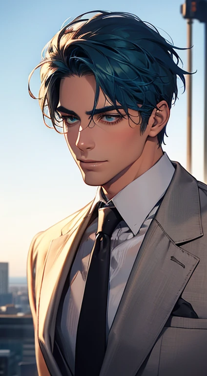 (Highest quality,4K,8K,High resolution,masterpiece:1.2),Super detailed,(Realistic,photoRealistic,photo-Realistic:1.37),1 person,34 years old,Mature Men,Beautiful skin、very handsome,Expressionless smile in love,Short blue hair,green eyes,Sharp Eyes,A perfect face without a doubt,Businessman, CEO, Office Background,Cinema Lighting,HDR image,tie、