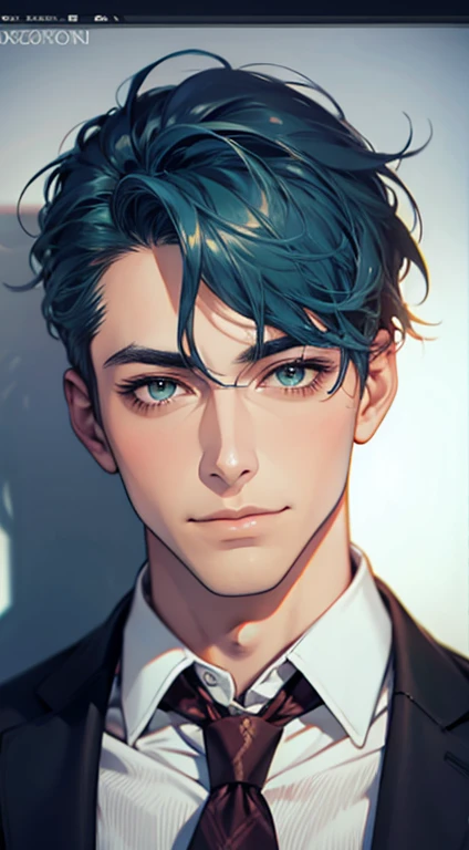 (Highest quality,4K,8K,High resolution,masterpiece:1.2),Super detailed,(Realistic,photoRealistic,photo-Realistic:1.37),1 person,34 years old,Mature Men,Beautiful skin、very handsome,Expressionless smile in love,Short blue hair,green eyes,Sharp Eyes,A perfect face without a doubt,Businessman, CEO, Office Background,Cinema Lighting,HDR image,tie、