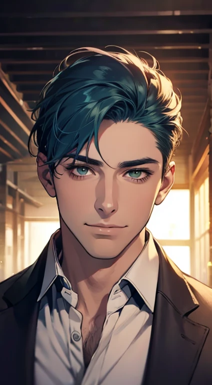 (Highest quality,4K,8K,High resolution,masterpiece:1.2),Super detailed,(Realistic,photoRealistic,photo-Realistic:1.37),1 person,34 years old,Mature Men,Beautiful skin、very handsome,Expressionless smile in love,Short blue hair,green eyes,Sharp Eyes,A perfect face without a doubt,Businessman, CEO, Office Background,Cinema Lighting,HDR image,tie、