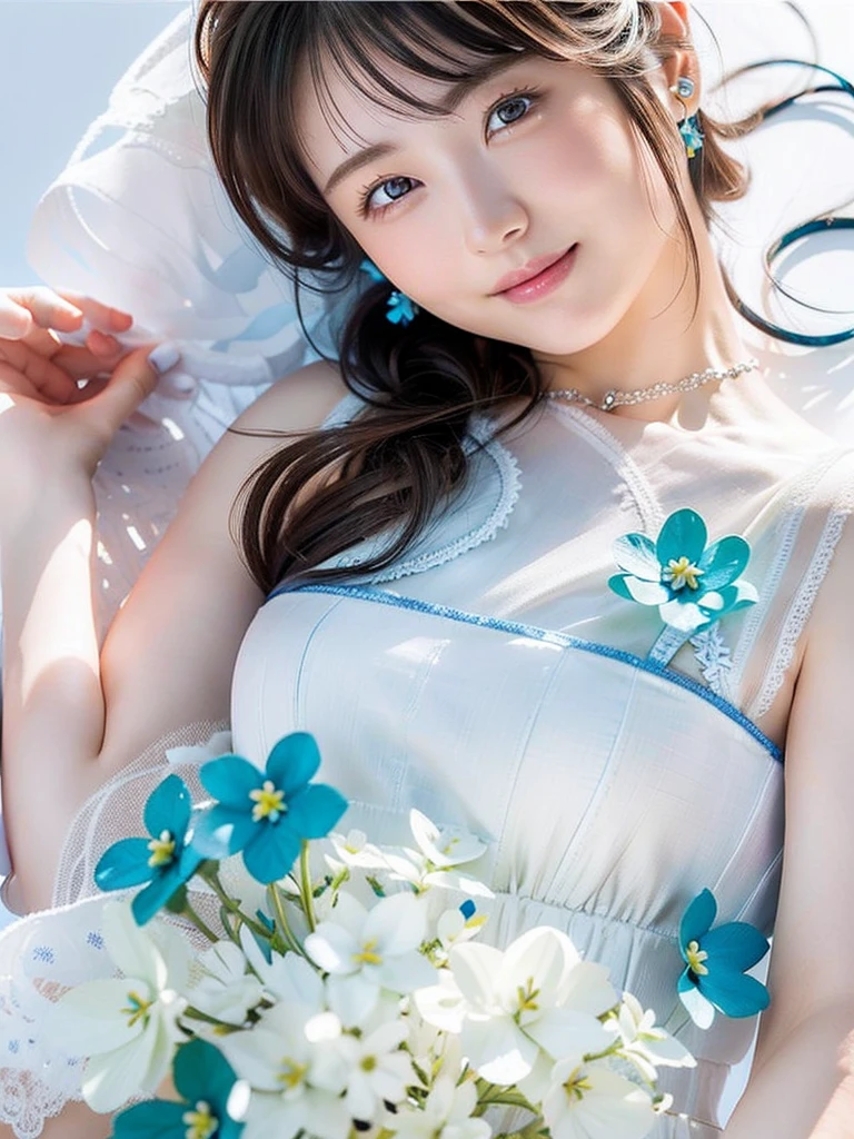 8k,Confused, High resolution, Very detailed, 1 person, alone, Very beautiful eyes, Ultra-precise depiction, artistic、Very detailed depiction, (Tangled:1.2), , (White high key background:1.5), (((White dress with blue flowers 1.5))), 、 short hair、Loose wavy hair、Earrings and Necklaces、Brown Hair, (Glowing Skin), Many colors, , (Shooting from above:1.2),、Flat Body、slim、cute、、Round face、Cast a Shadow、、Smile 1.3、Mid-shot photo、