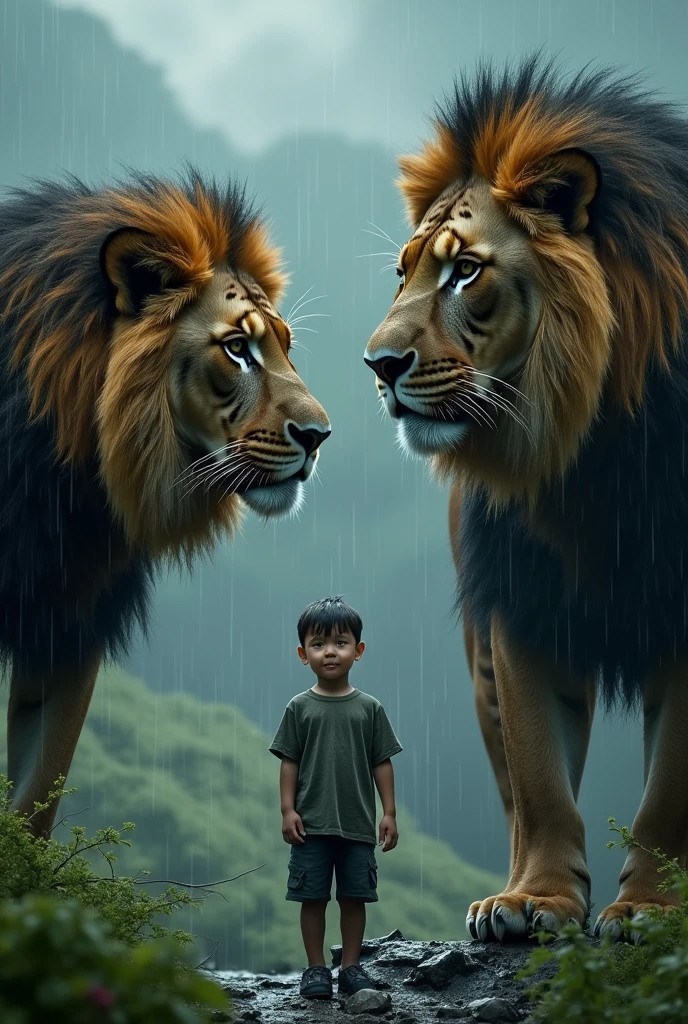 Lion and tiger and boy and rain 