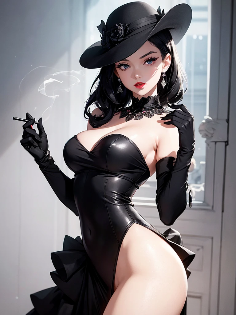 1 girl, she is wearing a black long dress that fits her figure in the style of the 60s, the dress shines like a thousand diamonds, the girl’s short black hair is styled in small waves in the style of Marilyn Monroe, the girl has a long cigarette in her hand, full body, confident look on her face, half-lidded eyes, and her hands are elegantly decorated with long  translucent black gloves above the shoulders, on the girl’s head a black hat with a long rim, an atmosphere of luxury, red scarlet lips, red furniture