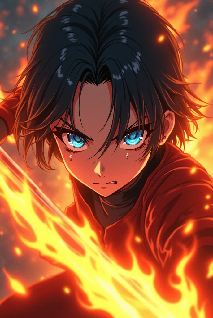 Anime demon slayer face , blue eye full realistic lenses, realistic, 8k, --v4,--2:3, fully fire sword spin , body full fire , wallpaper, art