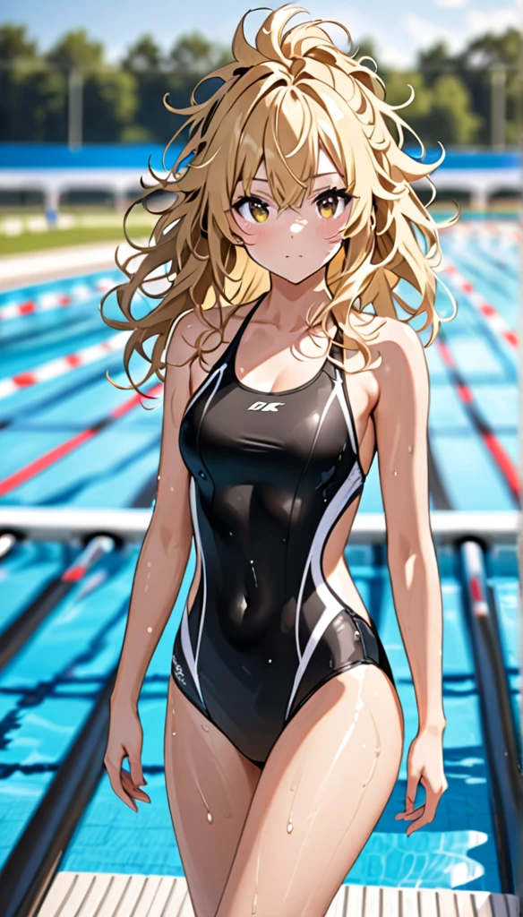 Beautiful and blond, messy hair, wearing all black, free arms, swimsuit, looking at the viewer, blurred pool background with race track