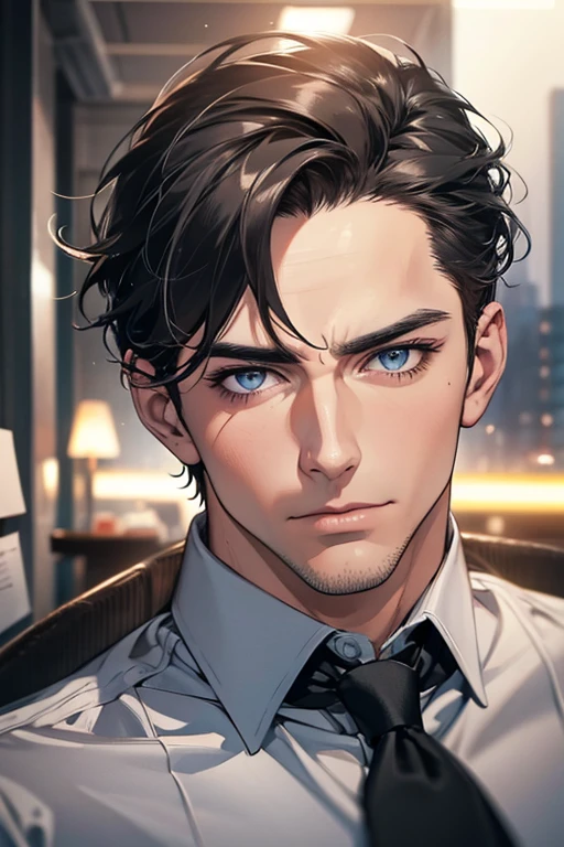 (Best Quality,4k,8k,high resolution,Masterpiece:1.2),ultra detailed,(realist,photorealist,photo-realist:1.37),1 man,31 years,mature man,very handsome,without expresion,muscled body,short gray black hair,Blue eyes,glare,perfect face without mistakes,imposing posture,businessman,office background,cinematic lighting,imagen HDR