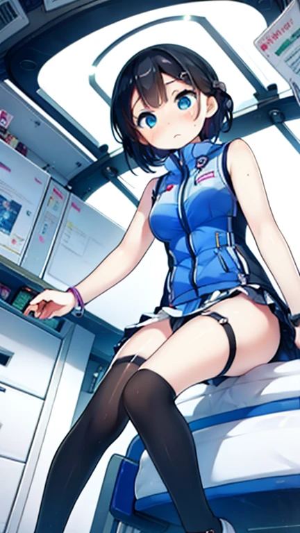 (Highest quality), (masterpiece), 1080P, High resolution, 4K, 8k, Inside the space station、Futuristic room、Thigh straps, Shooting from directly below, The woman on top of me, 白いSweat, Covered , Sweat, Woman looking down, Skirt swimsuit, Thigh-high socks, To achieve this, , , whole body, Black leather shoes, Braided hair, Inner Color, Embarrassed face, Short black hair, bracelet, Bedroom,celestial body_Vest
