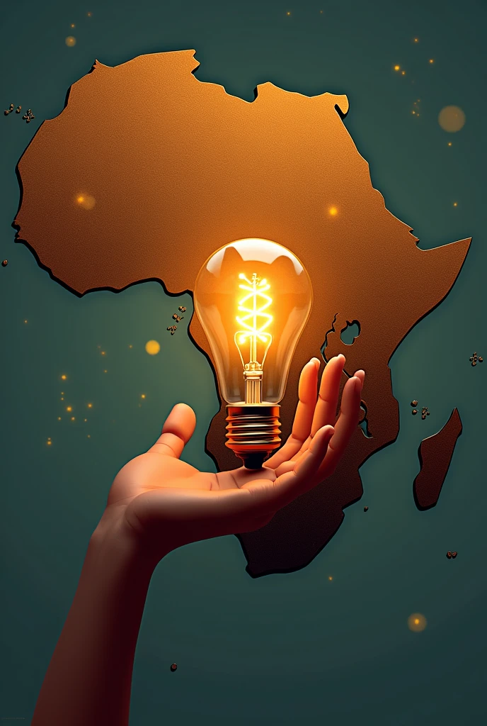 Une illustration de la carte de l'Afrique entourée d'un cercle avec une main tenant une ampoule avec de la lumière et des éclats en petit points.
La main ne doit pas déborder de la carte.