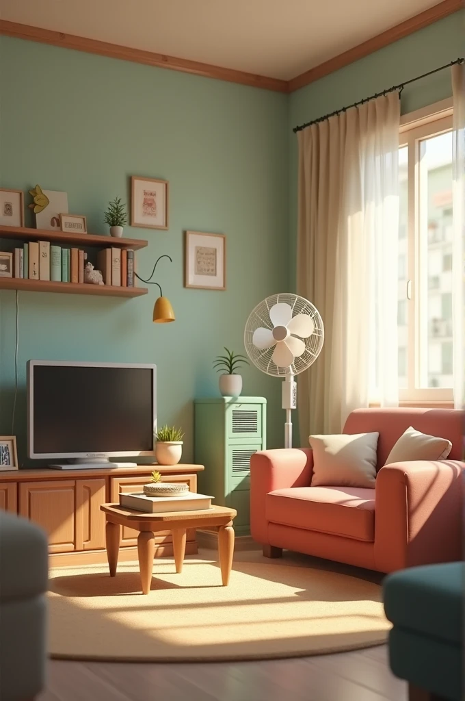 Water bottle, fan, sofa, TV, cabinet