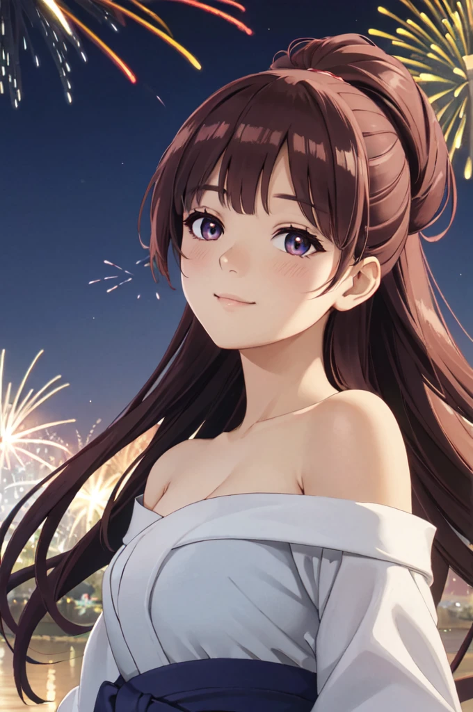 masterpiece, best quality, ultra detailed, highres, extremely detailed CG unity 8k wallpaper, perfect lighting,  very detailed background, beautiful and aesthetic,sharp focus, perfect face, dynamic pose, dynamic angle,
1girl, upper body, (portrait:1.1), multicolored yukata, kanzashi, looking at viewer,  full-face blush, from side, from below, smile,
night, dark sky, misty lake, mountainous horizon, break,aerial fireworks,  (Full of sky fireworks:1.2),
Shoulder Bare、Off the shoulder,紫の髪