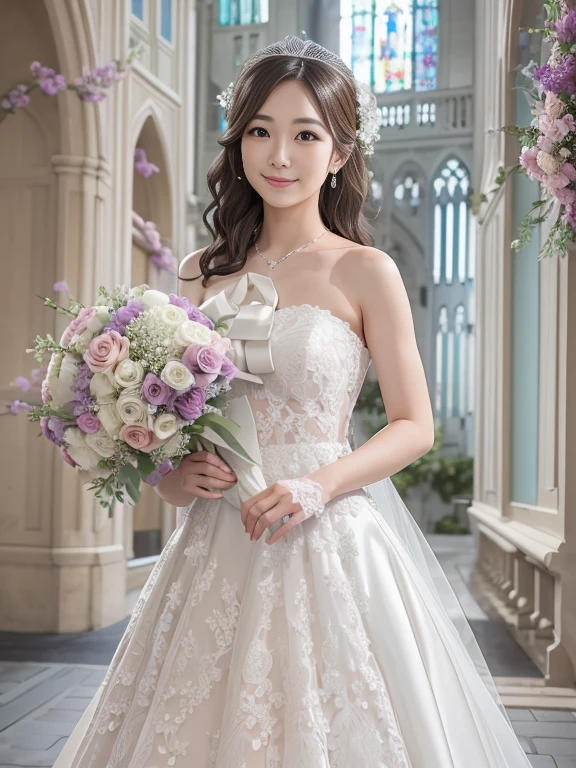 Photo-realistic quality、a woman in a Wedding dress holding a bouquet of flowers、Standing in front of the church、20 year old Japanese model、白のWedding dress,Hanae Mori style wedding dress、Japan idols at 20 years old、lace prom dresses、looking at the camera、Cute smile、Relaxed and gentle expression、holding a bouquet, Wedding dress, So magical and dreamy、80mm Lens aperture F2.Shot at 8、Narrow waist