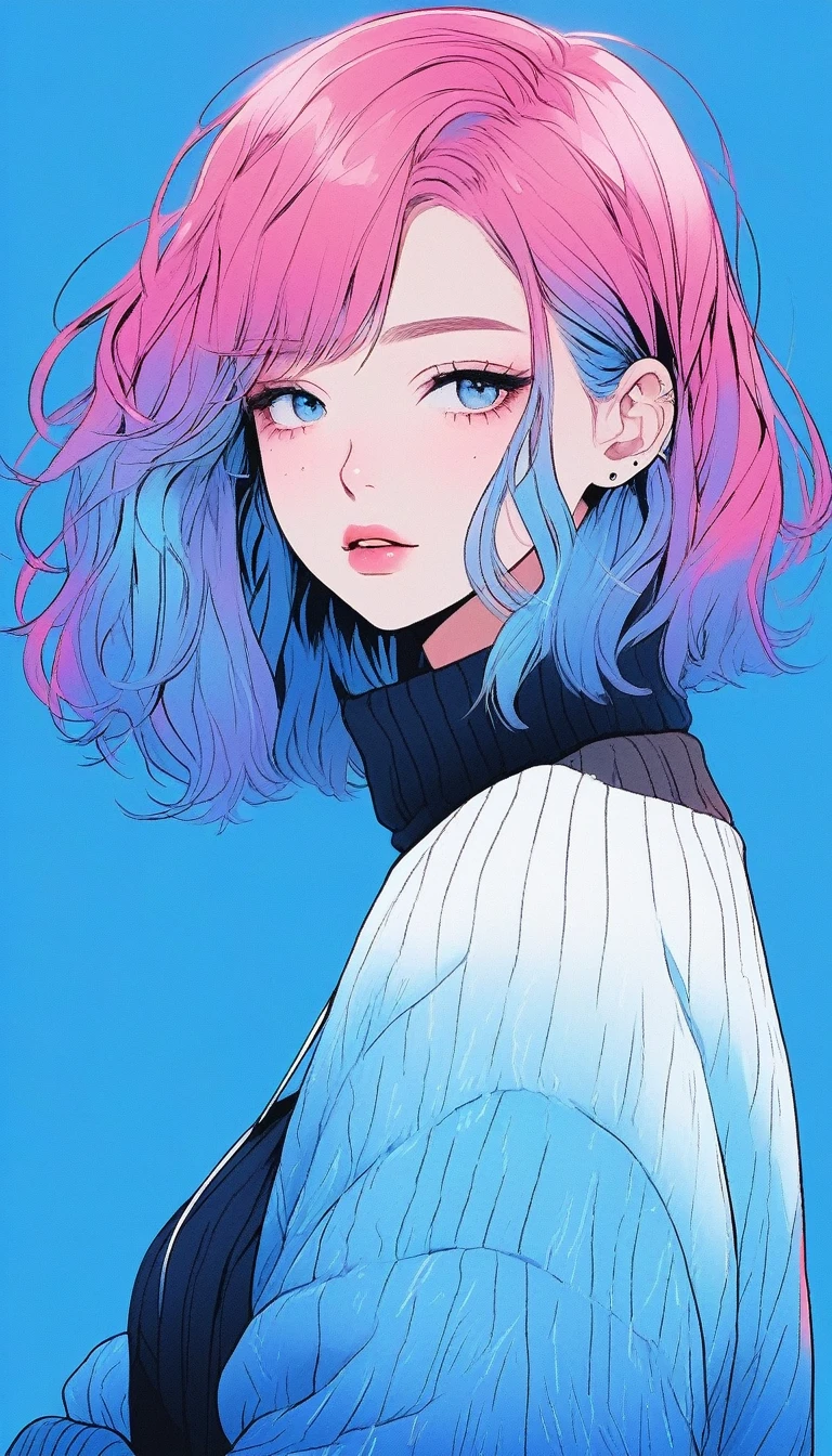 Illustrator, anime , Realistic ,sketch , 1 person, ,lip, sweater,order, Blue gradient background, Neon Hair,Texture Trim, Canadian, (masterpiece,Highest quality) Cancer