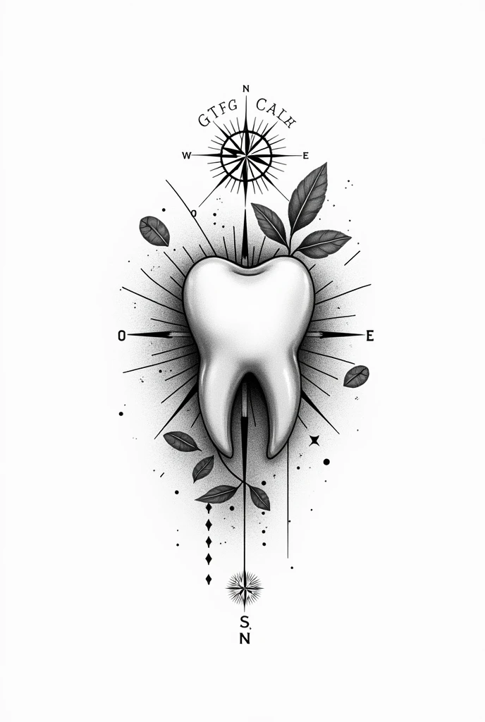 Abstract tooth tattoo, with coffee beans in fine lines on a Nordic compass and the date March 24, 2023 the letters S - N in Greek