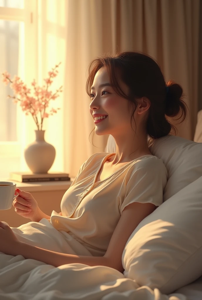 Une femme réaliste est assise confortablement dans son lit, enveloppée dans des draps blancs moelleux. Les premiers rayons du soleil filtrent à travers les rideaux, baignant la chambre d'une lumière douce et dorée. Vêtue d'un pyjama en soie ou d'une chemise ample, elle tient entre ses mains une tasse de café fumant, dont l'arôme riche emplit la pièce. Ses cheveux légèrement ébouriffés tombent librement sur ses épaules, ajoutant une touche de naturel à la scène. Ses yeux encore un peu endormis regardent par la fenêtre ou se posent sur un livre posé à côté d'elle. Un sourire serein orne ses lèvres, reflétant la tranquillité du moment. Sur la table de chevet, une fleur dans un vase et peut-être une bougie allumée ajoutent une ambiance chaleureuse. L'ensemble de la scène capture la douceur des matins paresseux, où le temps semble s'arrêter pour savourer les petits plaisirs de la vie.