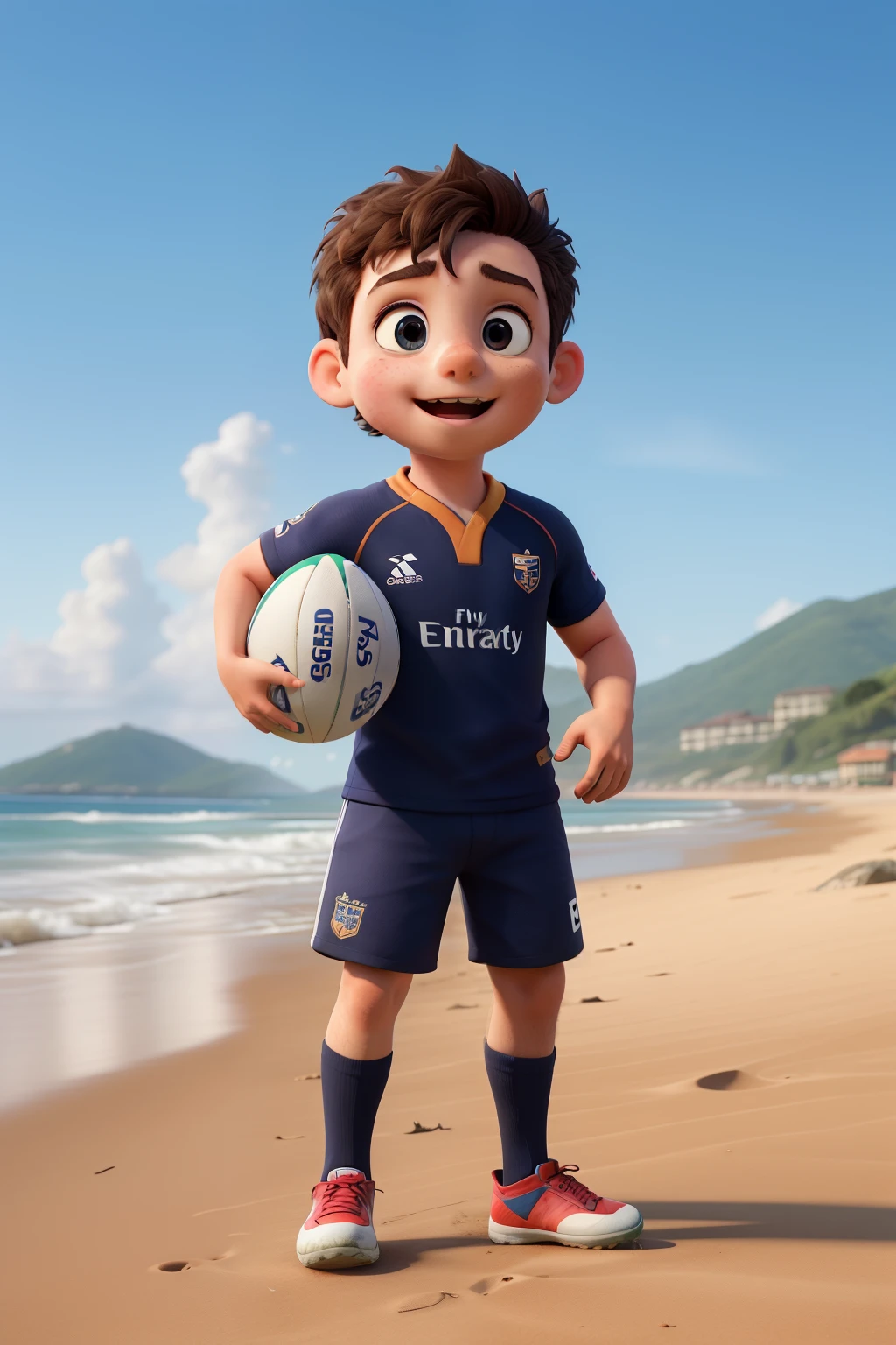 child playing on the beach with a rugby ball '
