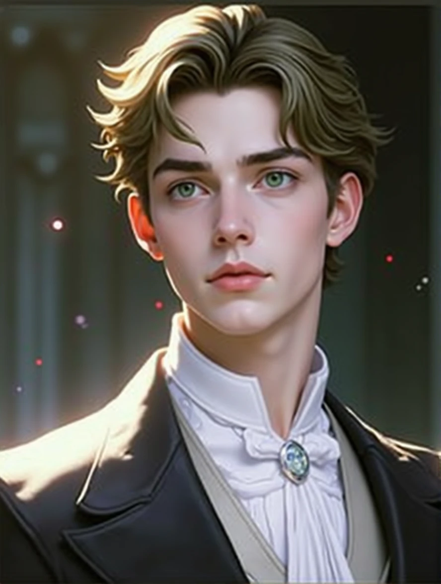 Man in his 20s, Noble appearance, blond hair, Green eyes, Wizard, Smooth and white skin