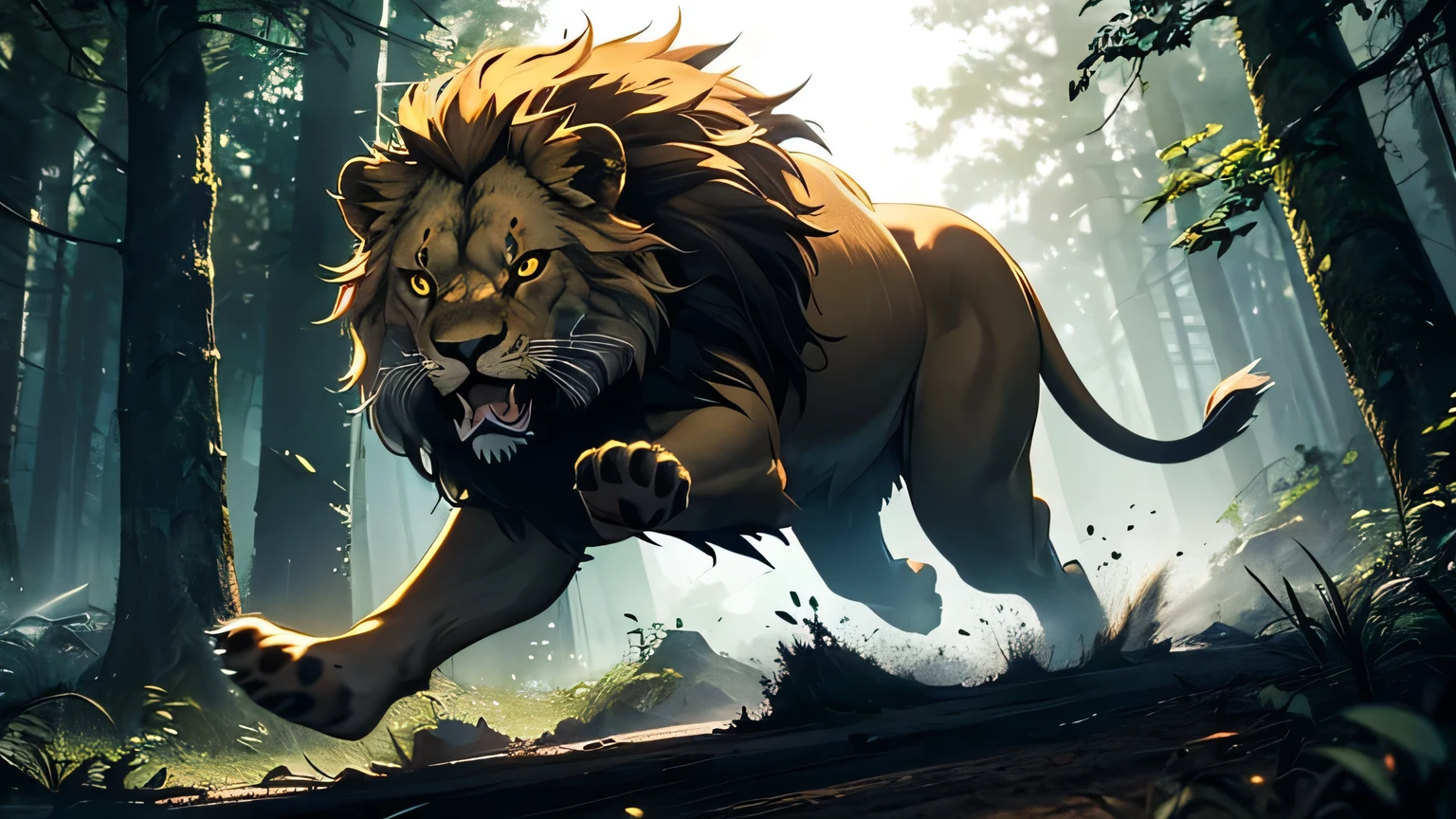 motion scene, lion in forest leaping to attack, glowing yellow eyes, glowing eyes, sharp fangs, moody lighting, hyper realistic, cinematic lighting, intricate details, 8k, high quality, photorealistic, dramatic, powerful, majestic