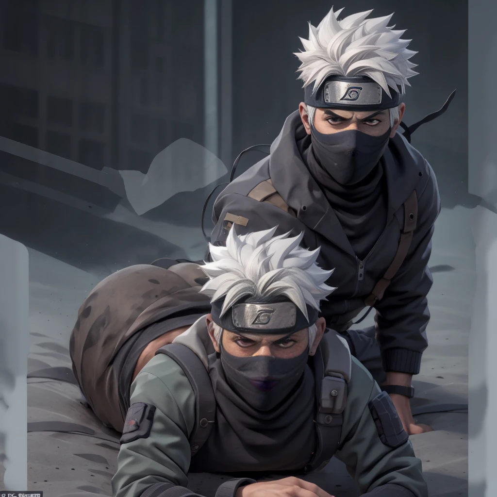 sexy, kakashi, white hair, eyepatch, black sweater, turtleneck sweater, military pants, gadget bellt, broad shoulders, assfrontview, 1boy, (ass:1.2), solo, looking at viewer, lying, on stomach, crawling, walkie-talkie, ventilation shaft, squeezed, going to the side,
high quality, highres, masterpiece, 