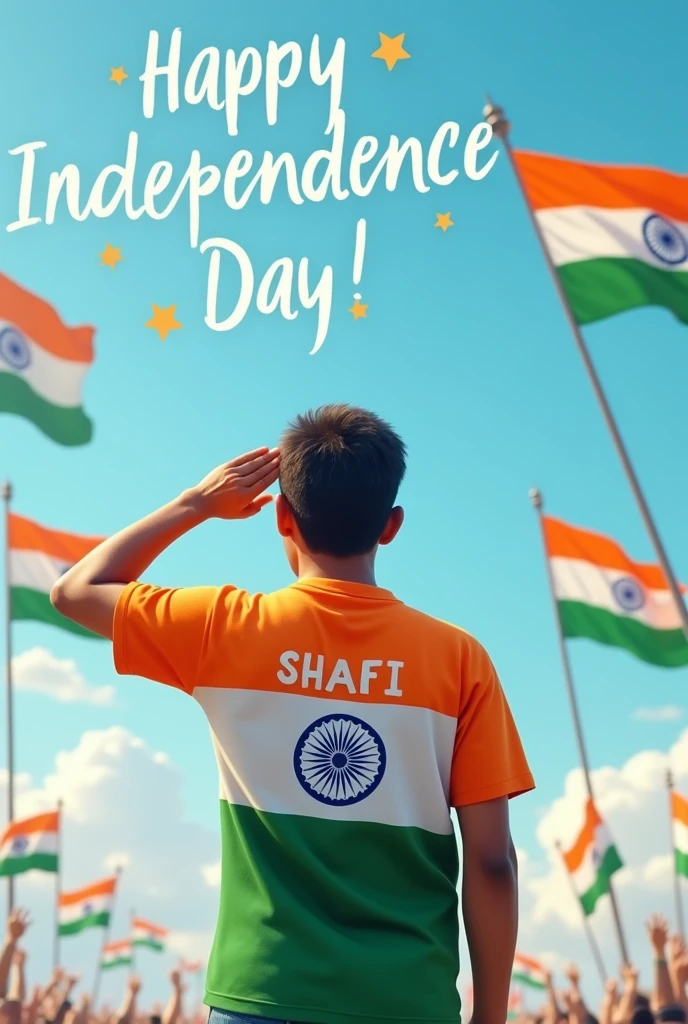 A 30 years old Teacher, stands proudly under a clear blue sky, celebrating Independence Day on August 15th, 2024 . He is wearing a vibrant tricolor T-shirt with his name "SHAFI"  ,his designation "Govt Teacher", His union Name is "PRTU TS" printed on the back, along with a large image of the Ashoka Chakra. The sky above him features the words "Happy Independence Day 2024" in bold, festive letters. Indian flags are flying around him, and a sense of national pride fills the air as he salutes, symbolizing his love for the country.